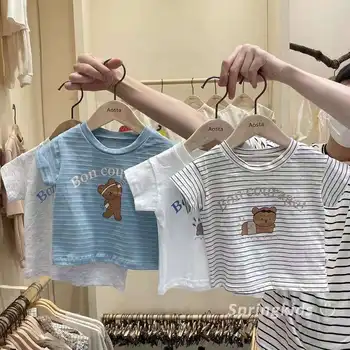 Yürümeye başlayan yaz giysileri Karikatür Ayı Baskılı Kısa Kollu Gömlek Yeni Stil Moda Crewneck Üstleri Bebekler Erkek Moda Kazak