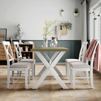 Adet Çiftlik Evi Rustik Ahşap Mutfak yemek masası Seti Döşemeli 4 X sırtlı sandalyeler, Gri Yeşil + Beyaz + Bej