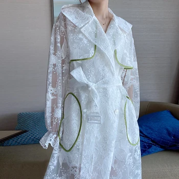 Zarif Beyaz Dantel Rüzgarlık Kadın Yaz Güneş Koruyucu Giyim Nakış Peri Fener Kollu Orta uzun Kapşonlu Trençkot