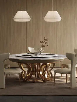 Doğal lüks taş masa Yuvarlak ışık lüks büyük düz mermer yemek masası otel dönebilir büyük yuvarlak masa