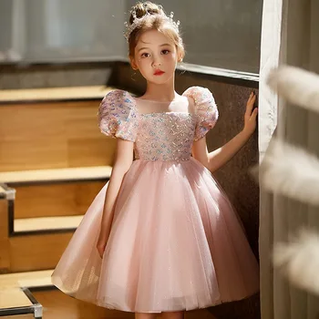 Pembe Çiçek Çocuklar Resmi Elbise High-end Sunum Performans Kızlar Tül Prenses Elbiseler Düğün Modelleri Gösterisi Tatlı balo elbisesi