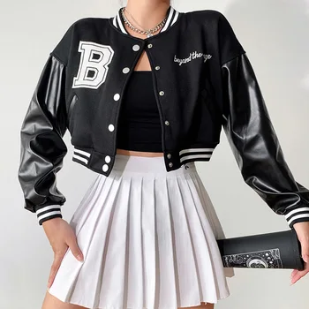 Gıdyq Mektup Nakış Beyzbol Ceket Kadın Moda Patchwork Kırpılmış Giyim Harajuku Düğme Kadın Streetwear Ceket