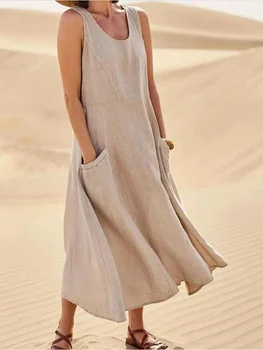 2023 Yaz Kadın Kolsuz Sundress Zarif pamuklu yuvarlak boyun Keten Katı Uzun Tank Elbise Vintage Cepler Plaj Vestidos