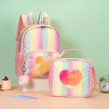2 Adet Yeni Aşk Unicorn Sırt Çantası Öğle Yemeği çanta seti Kawaii Kız Sırt Çantası çocuk Bento Çantası Taşınabilir Karikatür Öğle Yemeği Çantası çanta