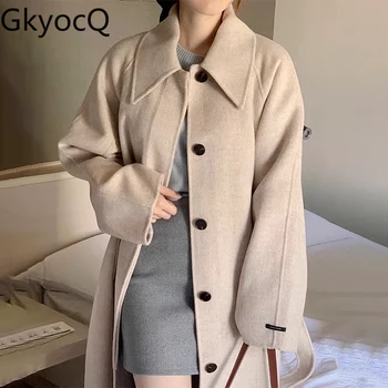 GkyocQ Kore Şık Sonbahar ve Kış Retro Moda Yaka Yaka Tek göğüslü Toka Kemer Bel İnce Tüvit Uzun Yün Ceket Ceket