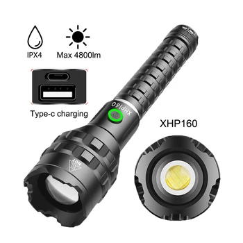 XHP160 LED el feneri 4800Lm Tip-c USB şarj edilebilir Meşale IPX4 Su Geçirmez Teleskopik Zoom Fener 5 modları Lamba Kamp Açık