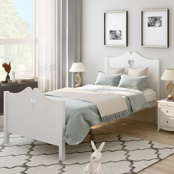 Yatak Odası için Uygun, Ahşap Çıta Destekli, Yatak Başlığı ve Ayaklı Karyola İkiz Platform Yatak (Beyaz)