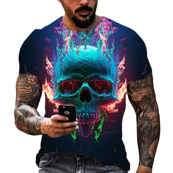 2023 Erkek kafatası tişört 3D Baskılı Kafatası Grafik erkek Büyük Boy Kısa Kollu Punk Üst erkek Ölüm Kostüm