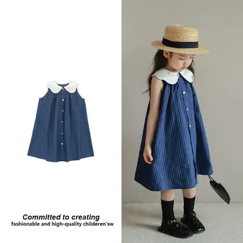 2023 Yaz Yeni Kız Kore Versiyonu Moda rahat elbise Çocuk Kontrast Renk Büyük Yaka Koyu çizgili elbise