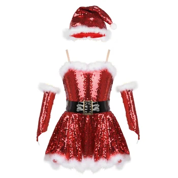 Çocuk Kız Noel dans kostümü Kıyafet Sequins Şekil Buz Pateni Bale Dans Leotard Sahne Performansı Elbise Noel baba şapkası