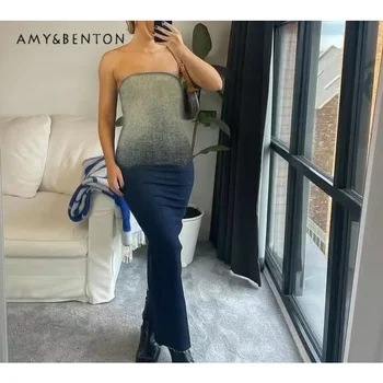 Yaz Yeni Retro Degrade Slim Fit Off-omuz Maxi Elbise Kılıf Seksi Düz Yaka Uzun Tüp Üst Denim Elbise Kadınlar için