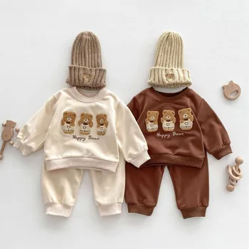 Kore Tarzı Bebek Giysileri Set Karikatür Ayılar Nakış Hoodies ve Pantolon 2 Adet Erkek Takım Elbise Toddler Kız Setleri