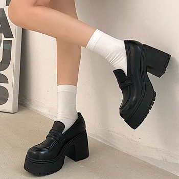 Lolita Ayakkabı Japon Kız Platformu Siyah Yüksek Topuklu Moda Yuvarlak Ayak Mary Jane Kadınlar Patent Suni Deri Öğrenci Ayakkabı