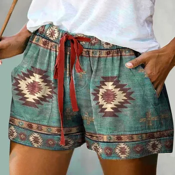 Vintage Gevşek Şort Etnik Baskı Sandıklar Halk Pantolon Aztek Geometrik kadın Şort Elastik Bel Lace Up Pantalones Cortos Yeni