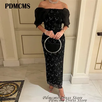 PDMCMS Siyah Uzun balo kıyafetleri Tekne Boyun Boncuk Ayak Bileği Uzunluk Kadınlar Abiye giyim Vintage Kılıf Örgün Parti Elbise Suudi Arapça