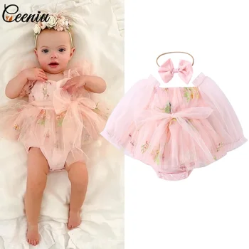 Ceeniu 0-24 M Bebek Kız Prenses Bodsyuit Örgü Kollu Nakış çiçekli tulum Tulum Elbiseler Yenidoğan Bebek Doğum Giyim