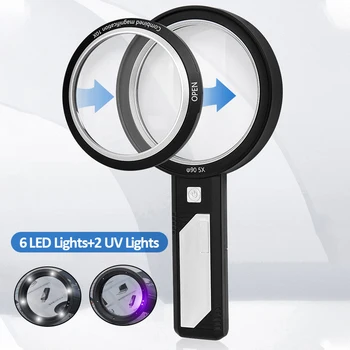El büyüteç ile 6LED ışıkları + 2 UV ışıkları kombine çift lens büyüteç okuma için antika takı değerleme