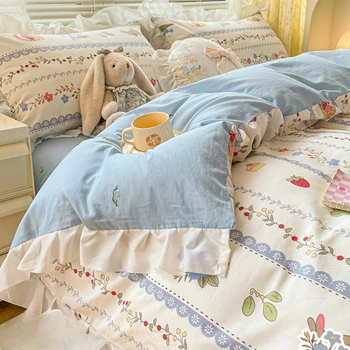 Dört Parçalı Set Tüm Pamuk Minimalist Pastoral tarz yatak takımı Sevimli Baskılı Kapak Öğrenci Üç Parçalı yatak çarşafı ısı Koruma
