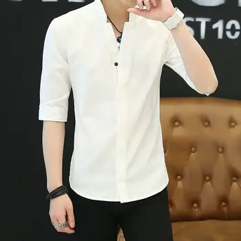 Yaz erkek Ayakta Boyun Kısa Kollu gömlek erkek Kore Versiyonu Rahat Slim Fit 3/4 Kollu Üst