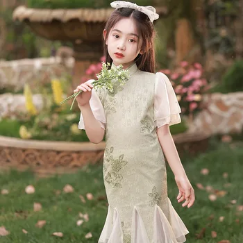 2023 Yeni Kızlar Geliştirilmiş Dantel Nakış Cheongsam Vintage Zarif Elbise Trompet Kollu Balık Kuyruğu QipaoTraditional çin elbisesi