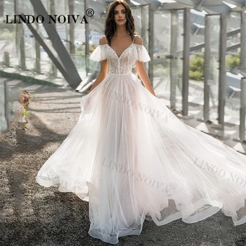 LİNDO NOİVA Klasik Dantel Aplikler Düğün Parti Elbiseler Kapalı Omuz Kat Uzunlukta gelinlik Parlak Vestido De Noiva
