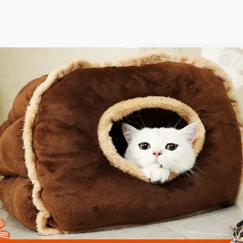 Kedi Kumu Kış Sıcak Küçük Köpek Kulübesi Derin Uyku Kısa Peluş Yumuşak Kedi Uyku Tulumu Ev Yarı kapalı Kalın Çöp Kedi Yatakları