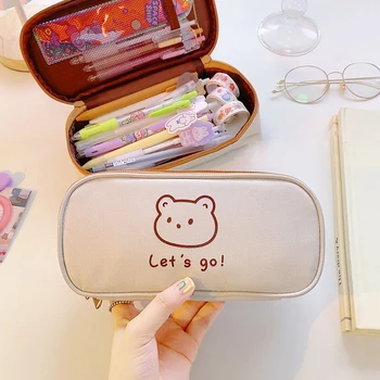 Kawaii Karikatür Kalem Kutusu Sevimli Tuval kalem çantası Taşınabilir Makyaj Kozmetik çanta Kore Kırtasiye Ofis Malzemeleri