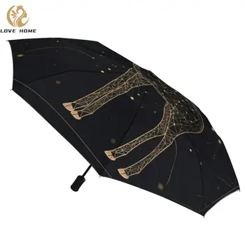 Zürafa 3 Kat Otomatik Şemsiye Minimalist Sanat Astro Geometri Taşınabilir Şemsiye Rüzgar Geçirmez Siyah Ceket Şemsiye Erkekler Kadınlar için