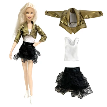 NK 3 Ürün / Set Barbie oyuncak bebek giysileri Moda Ceket Beyaz Üst Siyah Etek Barbie ve 1/6 BJD Blythe oyuncak bebek giysileri Aksesuarları