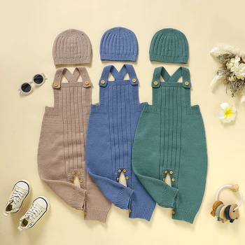 Sonbahar Yeni Bebek Tulum Örgü Toddler Bebek Kız Kış Tulum Kıyafet Fırfır Kolsuz Örme Sling Tulum + Şapka Rahat Setleri