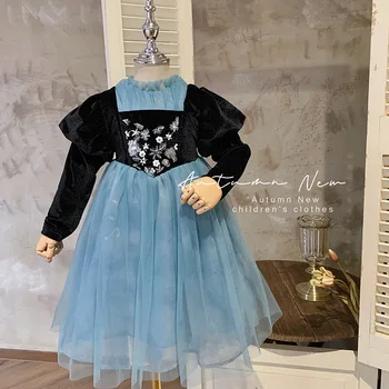 Kızların Uzun Kollu Elbise çocuk Kadife Örgü Prenses Rop Sonbahar Yeni Pullu Nakış 2023 Batı Tarzı Çocuk Giyim