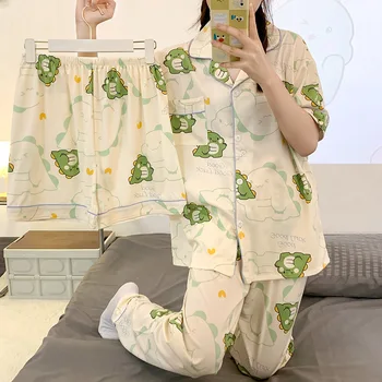 Rahat 3 adet Pijama Seti Kadınlar İçin Yaz Pijama Kawaii Pijama Dino Baskı Harajuku Kıyafeti Rahat Gecelik Okul Roomwear