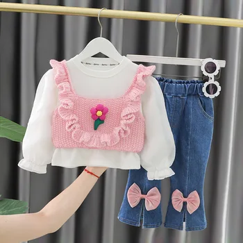 2023 Yenidoğan Erkek Bebek Kız Giysileri Setleri 3 adet Nervürlü Uzun Kollu Kazak Üstleri Kot Pantolon Örme Yelek Sonbahar Kış Kıyafetler