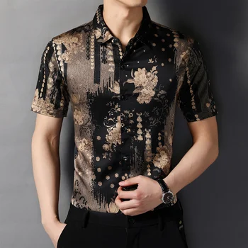 Erkek Gömlek 2024 Moda Vintage Çiçek Baskı s İş Rahat Tatil Kısa Kollu Yüksek Kaliteli Gömlek