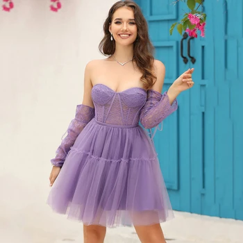 Seksi Akşam Kokteyl Elbiseleri Sevgiliye Boyun Yarım Kollu Zarif A-line Aç Geri Yeni Illusion Kadınlar Tül Parti Balo Elbisesi