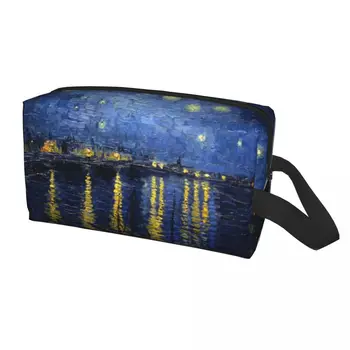 Yıldızlı Gece Rhone Üzerinde kozmetik çantası Kadın Kawaii Büyük Kapasiteli Vincent van Gogh Makyaj Çantası Güzellik Depolama makyaj çantaları