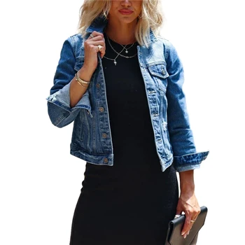 Xıngqıng Denim Kırpma Ceket Kadın Moda Yaka Yaka Düğme Aşağı Uzun Kollu Kot Üstleri Cepler ile y2k Ceket Mavi Streetwear