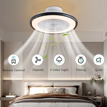 Banyo Aksesuarları tavan vantilatörü ile ışık ve kontrol Modern Yuvarlak Kısılabilir 23 İnç LED düşük Profilli tavan vantilatörü Fan lambası Ev için