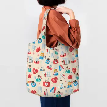 Renkli Hemşire Elemanları Desen alışveriş çantası Geri Dönüşüm Sağlık Hemşirelik Tuval Bakkal Omuz alışveriş çantaları Çanta