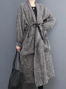 Vintage kadın Düz Renk Rüzgarlık Sonbahar Gevşek Mizaç Moda Çok Yönlü Bandaj Geniş belli Diz Boyu Ceket Trendi