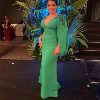 Uzun Yeşil Krep Abiye Kılıf V Yaka Boncuklu Kat Uzunluk Balo Abiye Elbiseler de soirée Parti Elbise Kadınlar için