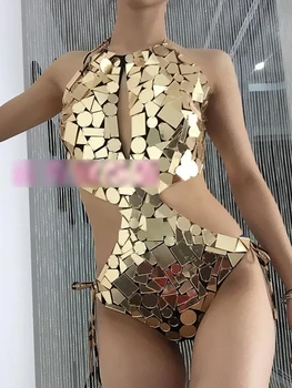 Ayna Bodysuit Backless Bikini Kadın dans kostümü Altın Sequins Hollow Out Rave Kıyafet Sahne Performansı Giyim Gogo Gösterisi