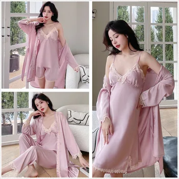 Kadın 5 ADET Pijama Set Seksi Dantel Trim Kimono Bornoz Elbisesi Bahar Yaz Saten Pijama Gecelik Gevşek Pantolon Takım Elbise Gecelik