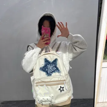 Kore Rahat Büyük Kapasiteli Beyaz Gizli Sakli Konusmalar Tatlı Mavi Denim Yıldız Okul Sırt Çantaları Y2k Moda Fermuarlı kanvas Çanta Kadınlar için