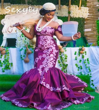 Geleneksel Afrika düğün elbisesi 2023 Zarif Artı Boyutu Mermaid Mor Bahçe gelinlik Fishtail Aplikler Dantel Gelin Elbise