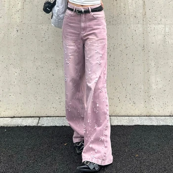 Amerikan Tarzı Pembe Retro Yırtık Kot kadın Tasarım Duygu Düz Gevşek İnce Geniş Bacaklar Yıpranmış Paspas Pantolon Şalvar Kot