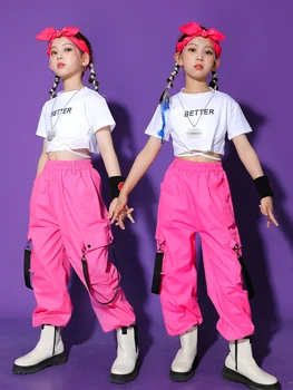 Yaz Kız Caz Dans Elbise Kısa Kollu Kırpma Üstleri Gevşek Pembe Pantolon Çocuklar Hip Hop Performans Kostüm Kpop Kıyafet BL10049