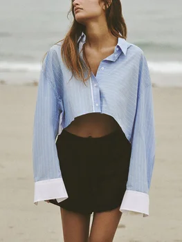 Kadın Gömlek Tops 2023 Yüksek Sokak Moda Patchwork Kırpılmış Gömlek Damla Omuz Uzun Kollu Düğmeli Rahat Gevşek Çizgili Gömlek