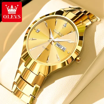 OLEVS Kuvars Erkek Kol Saati Altın Tungsten Çelik Su Geçirmez Otomatik Tarih İzle Erkekler Kadınlar için Moda Casual Saat reloj hombre