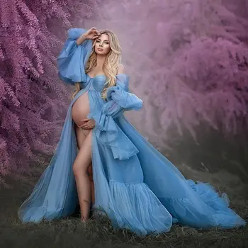 Kapalı Omuz Mavi Hamile Fotoğrafçılığı Elbiseler Ön Yarık Sevgiliye Korse Kadınlar Uzun Kollu Balo Elbise Bebek Duş Maxi Elbise
